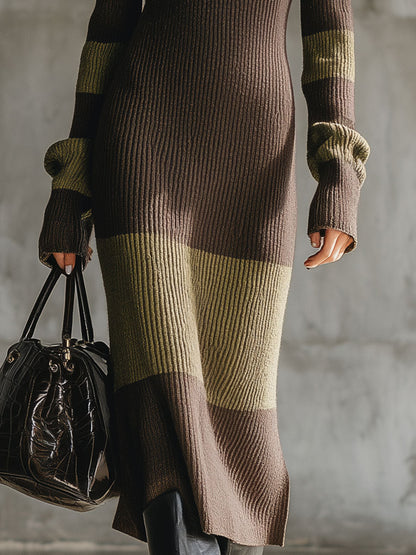 Robe Midi Tricotée Retro à Col Montant en Teintes Brun et Vert