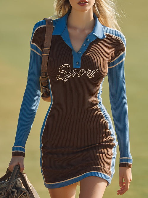 Robe Mini Tricotée à Col Polo avec Détails en Bleu et Marron