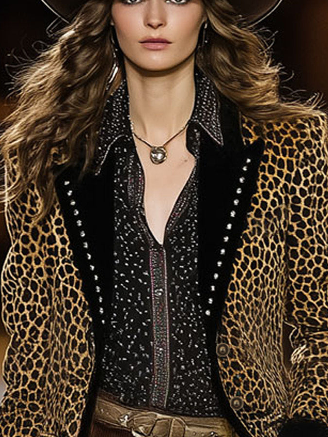Blazer Rétro en Velours Imprimé Léopard à Détails Contrastés