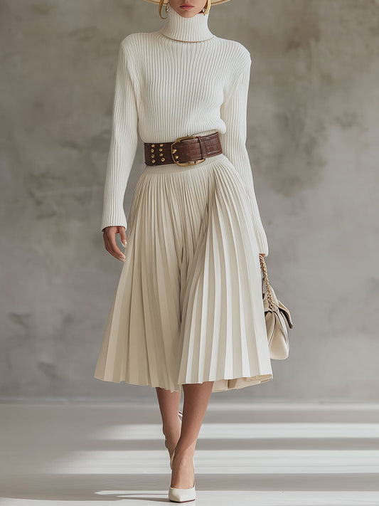 Robe Midi Plissée en Coton Tricoté - Élégance Décontractée en Blanc Crème