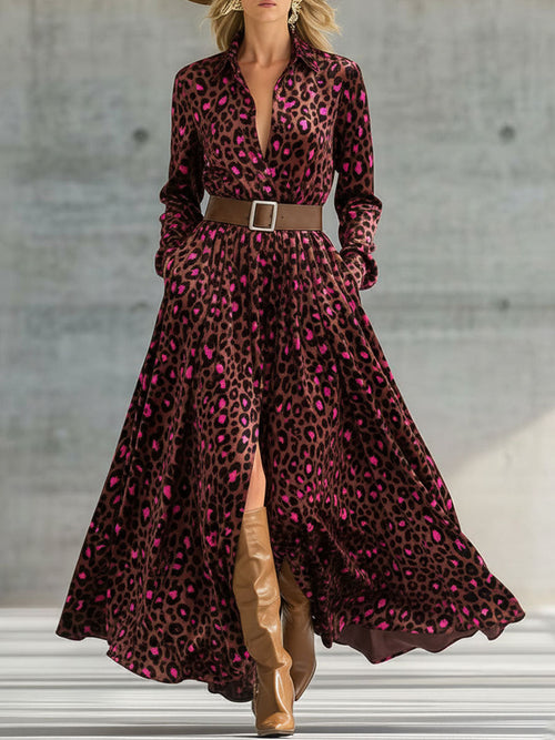 Robe Maxi en Velours Léopard Marron au Style Rétro
