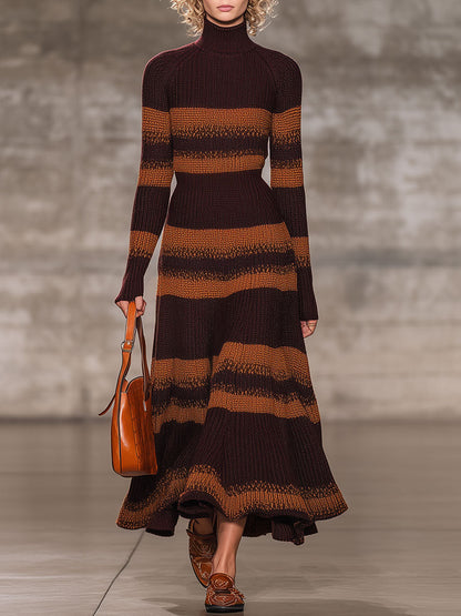 Robe Maxi Tricot Rayée Caramel et Chocolat avec Col Montant - Chic Rétro