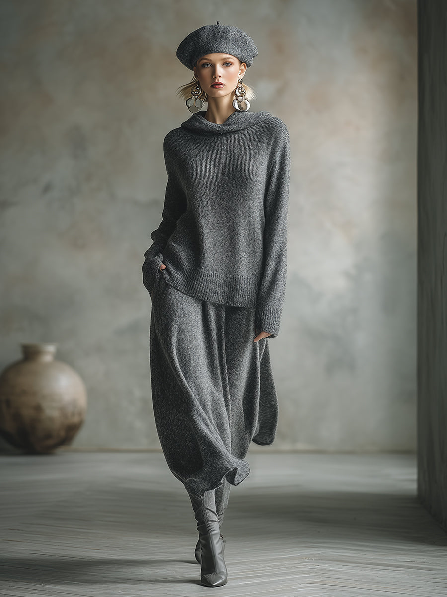 Ensemble Élégant en Gris : Jupe et Sweat à Capuche Minimaliste