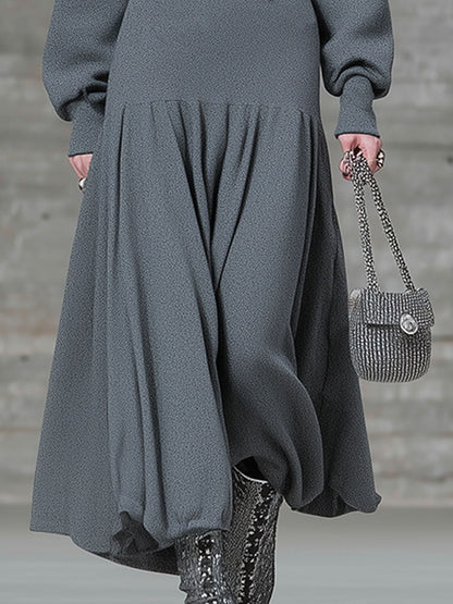 Robe Midi Grise à Capuche avec Fermeture Éclair et Détail Épingle de Sécurité