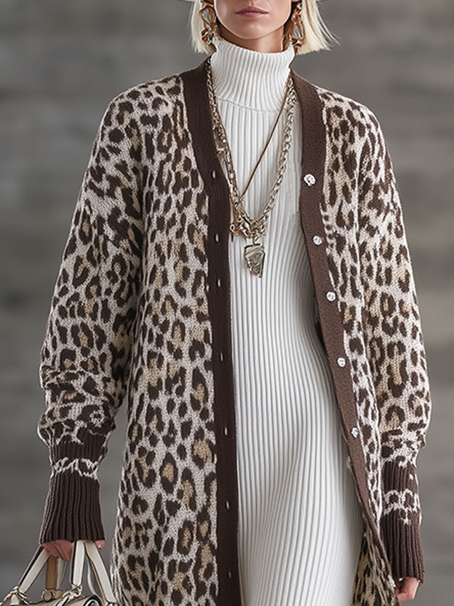 Cardigan Retro en Tricot Léopard Marron : Élégance et Style
