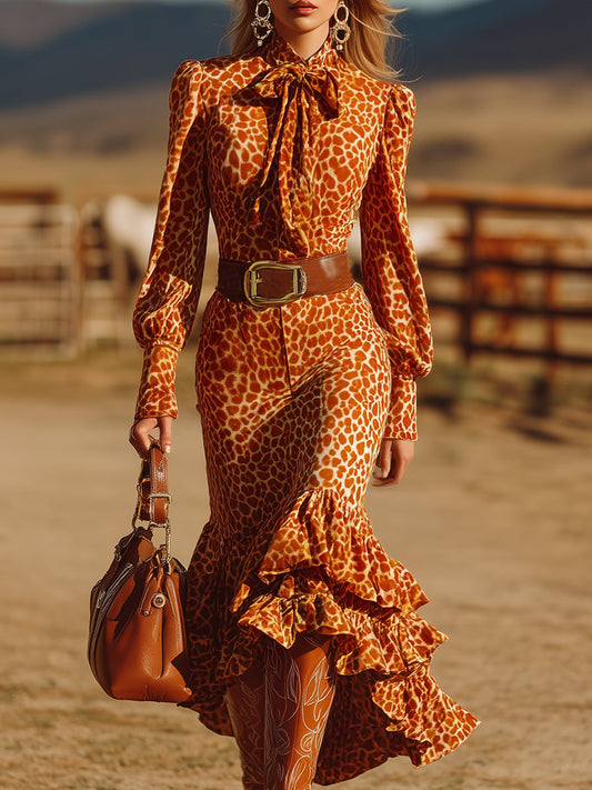 Robe Maxi Rétro en Velours Léopard Orange avec Volants Chic