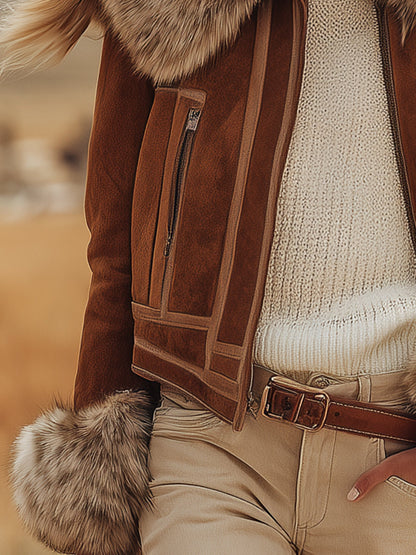 Veste en Suédine Marron au Style Vintage Western avec Finitions en Peluche