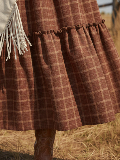 Robe Maxi Boutonnée en Plaid Rouge Rouille avec Col Rond