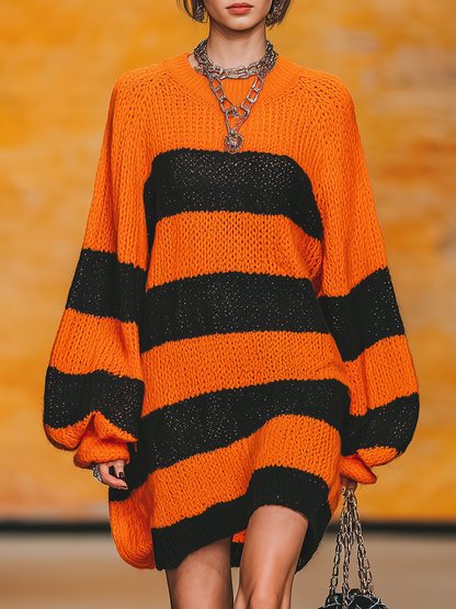 Robe Rétro Tricotée à Col Rond avec Manches Lanternes et Rayures Contrastées