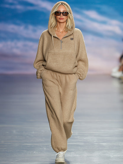 Ensemble Décontracté en Fleece Polaire Marron Clair avec Capuche