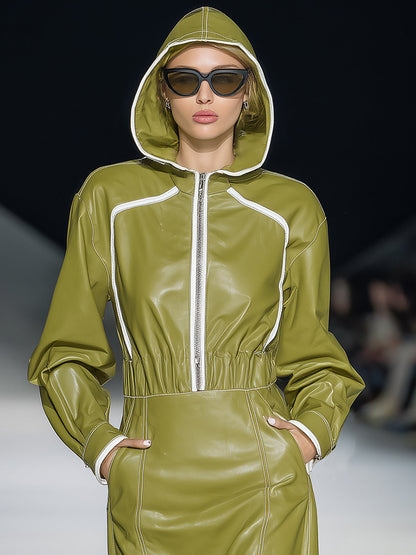 Veste Midi à Capuche en Similicuir Vert : Style Sportif et Tendance