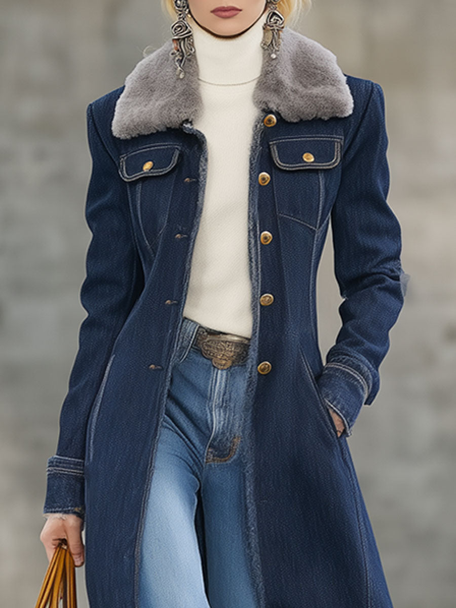 Veste Longue en Denim Bleu Nuit avec Col en Fourrure Vintage et Finishing en Fourrure