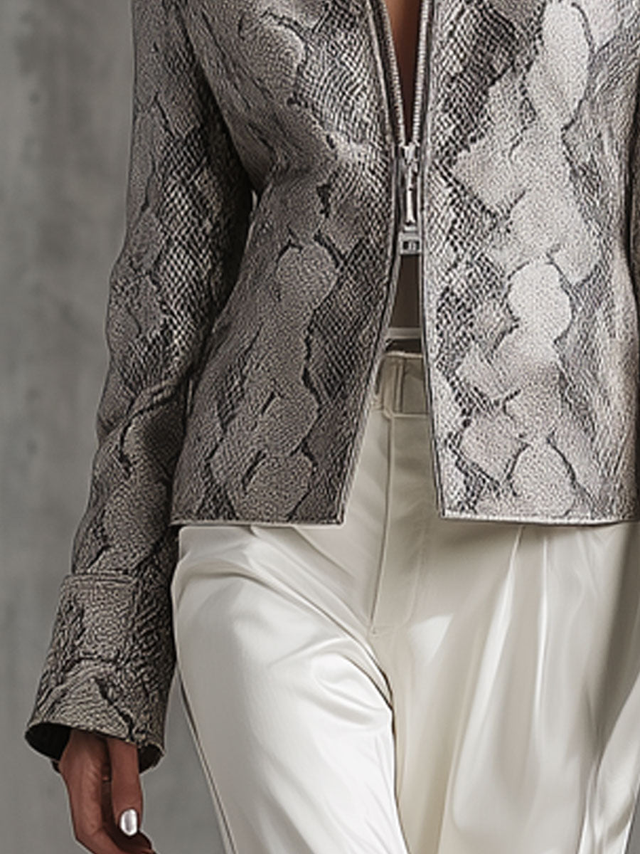Veste Vintage en Simili Cuir à Double Zip avec Col en Fourrure Synthétique Imprimé Serpent Gris
