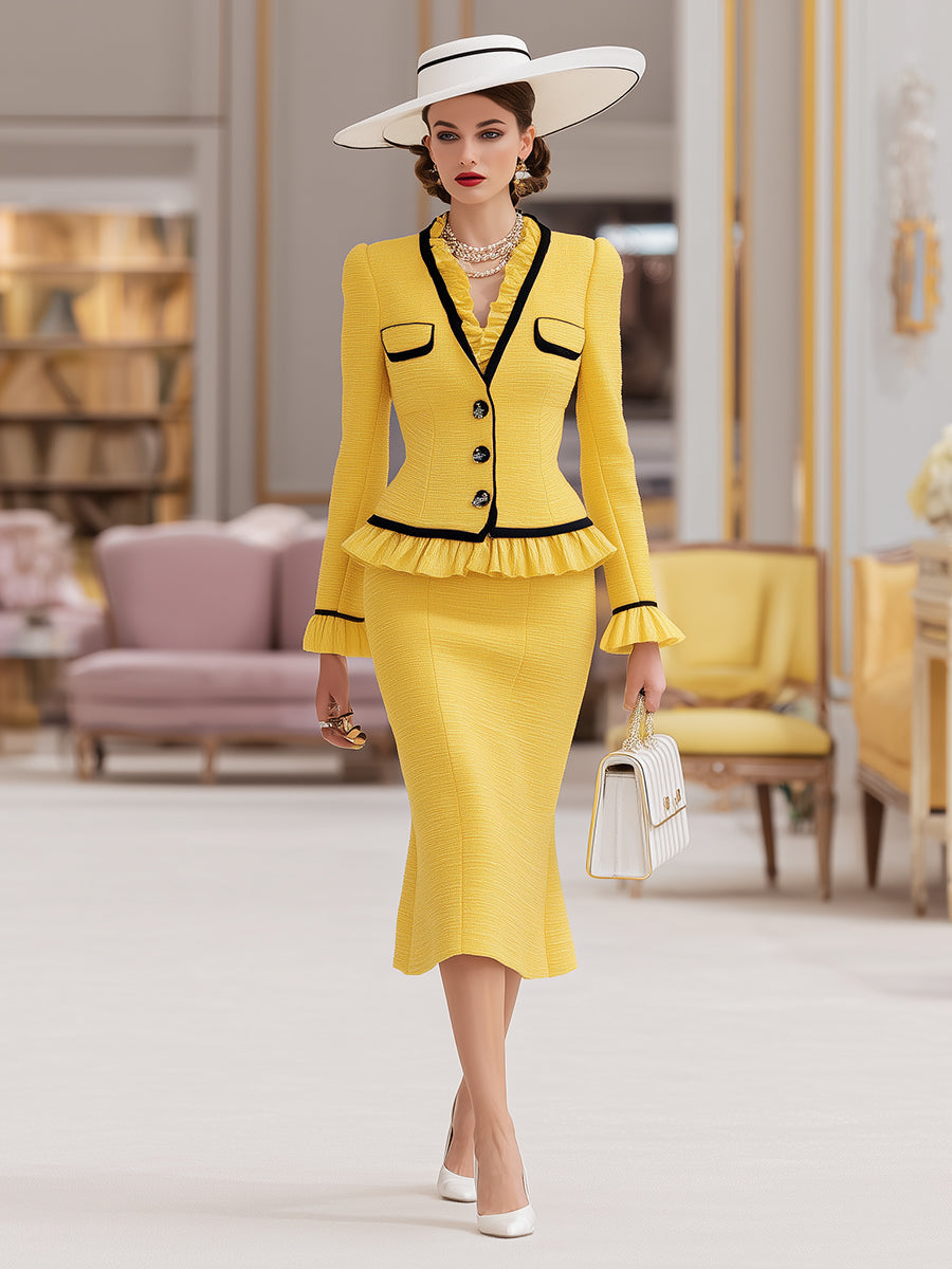 Ensemble Élégant en Tweed Jaune : Jupe et Veste à Volants Contrastants