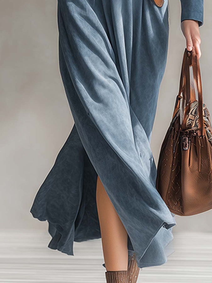 Maxi Robe en Velours Bleu avec Col Western Chic