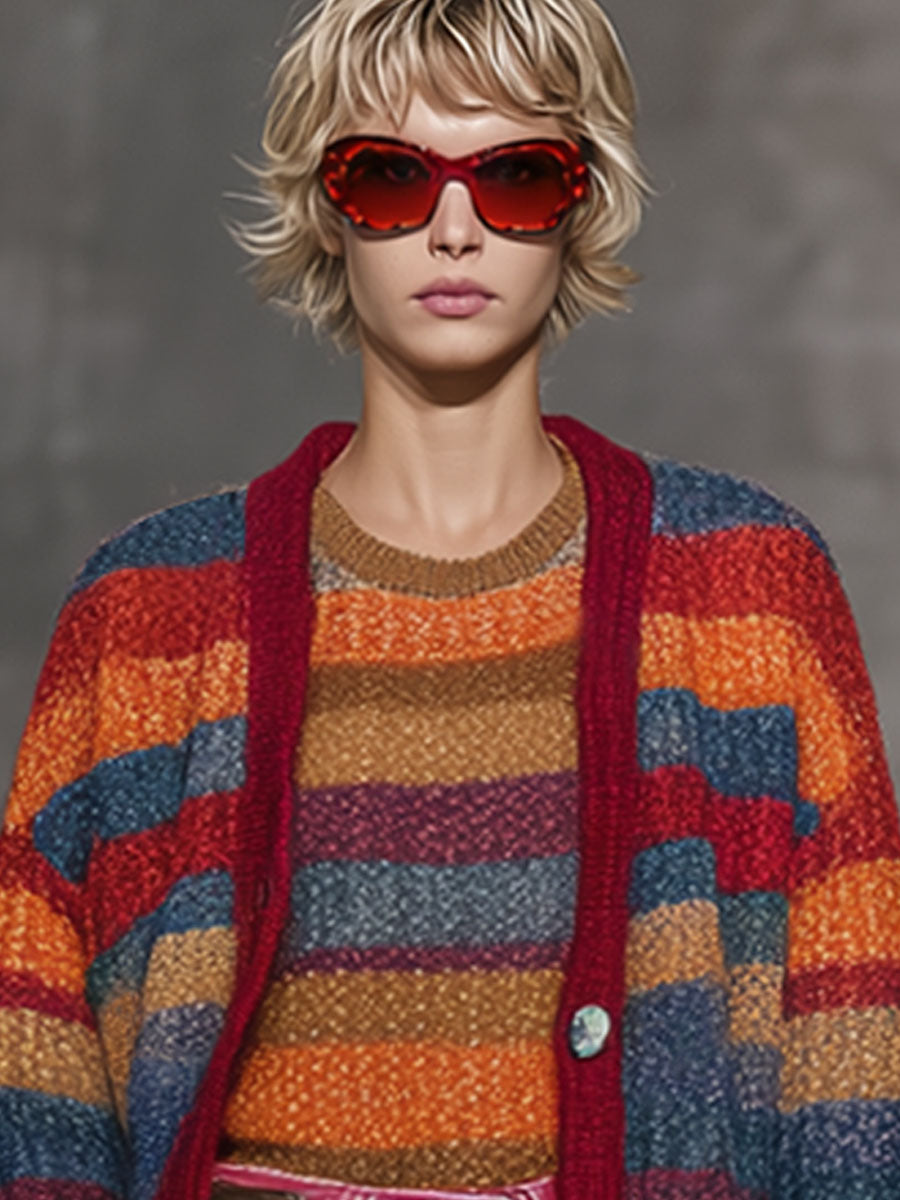 Cardigan Retro en Tricot à Rayures Arc-en-Ciel avec Boutons