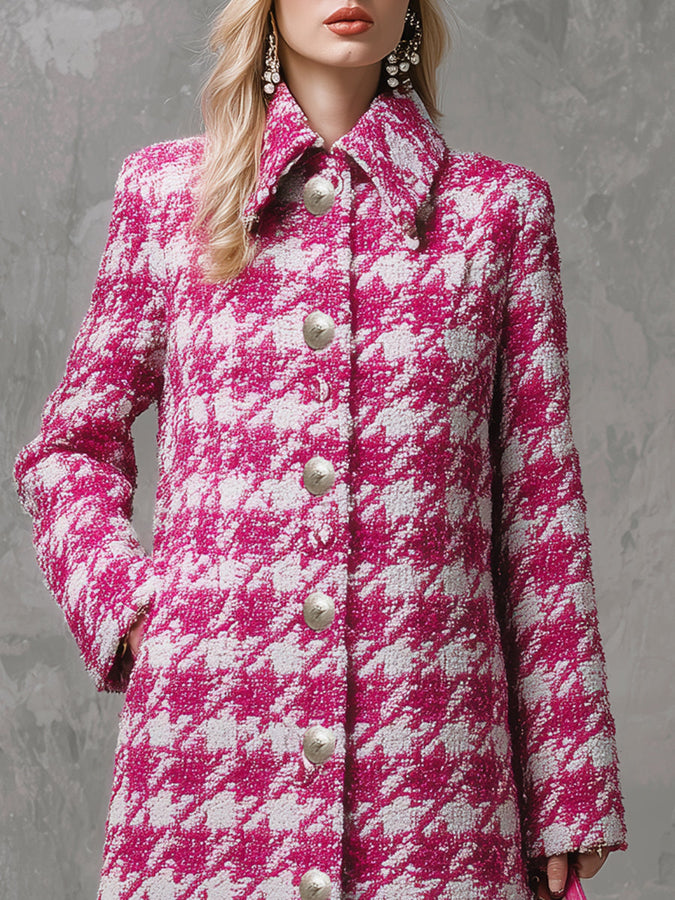 Veste Vintage Longue en Vichy Rose à Revers Ample