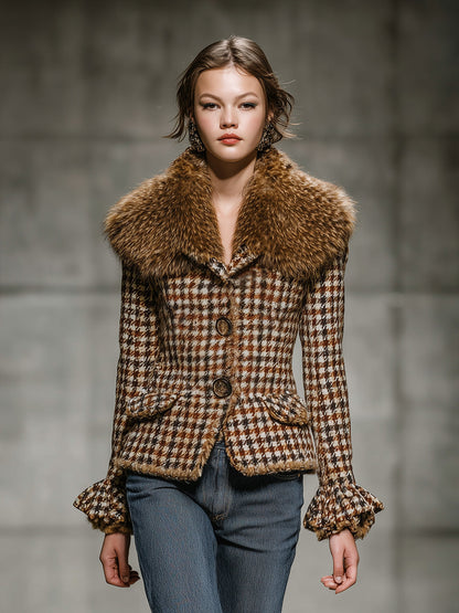 Veste Courte à Motif Carreaux Marron avec Doublure Douce en Fourrure