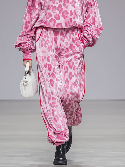 Ensemble Velours Léopard Rose : T-shirt Col Roulé à Manches Longues et Pantalon