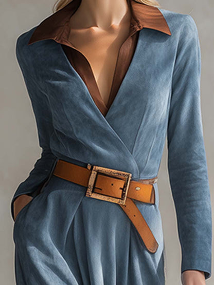 Robe Maxi en Faux Suède Bleu avec Col Western Chic