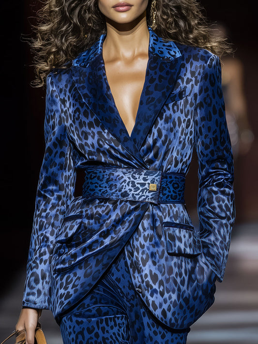 Royal Blue Leopard Print Satin Blazer
