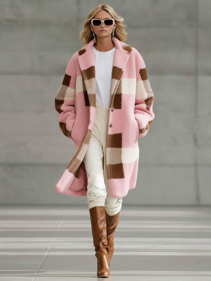 Veste en Polaire Rétro à Motif Carreaux Rose et Marron - Coupe Ample
