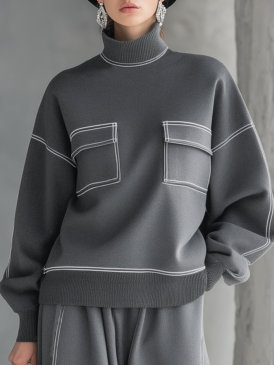 Premium Gray Turtleneck Sweatshirt with White Stitching - Sporty Chic Ensemble