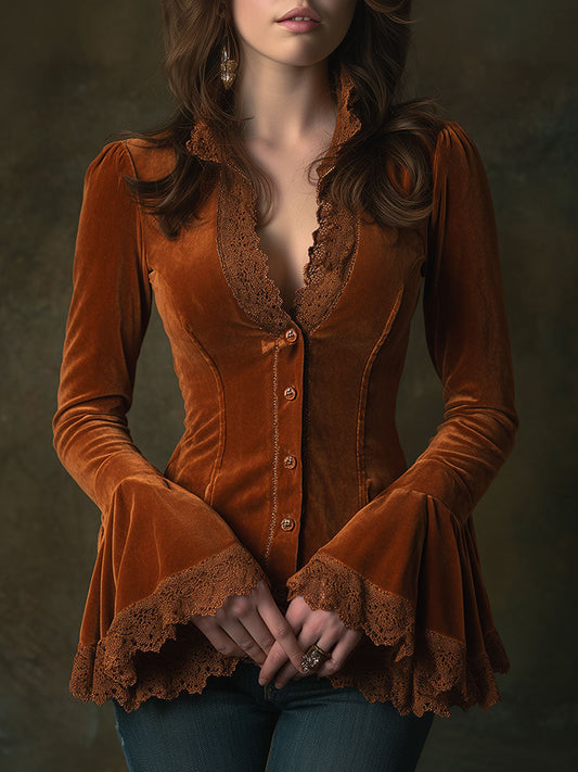 Chemisier Long en Velours Caramel Marron avec Manches en Dentelle et Col V Rétro