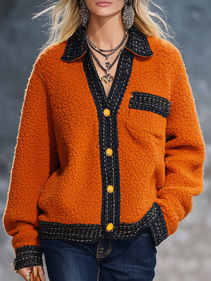 Veste en polaire orange avec bordure en ruban - Style nomade urbain rétro
