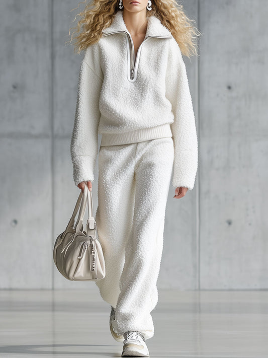 Ensemble Sportif Blanc en Polaire à Zip Demi - Sweat-shirt et Pantalon Confort