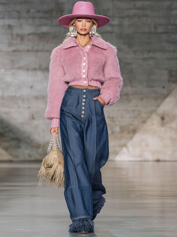 Jean Sombre Oversize avec Franges Vintage