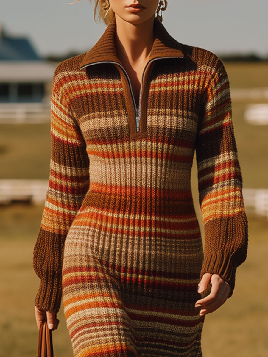 Robe Midi Rayée Rouge et Marron à Demi-Zip au Style Rétro