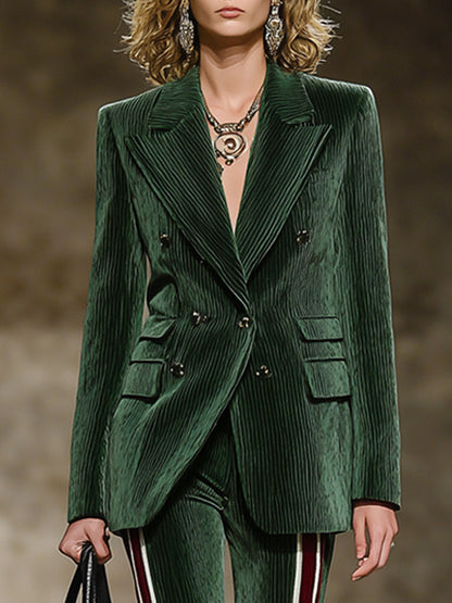 Ensemble Rétro en Velours Côtelé Vert Foncé : Veste Chic et Pantalon Évasé