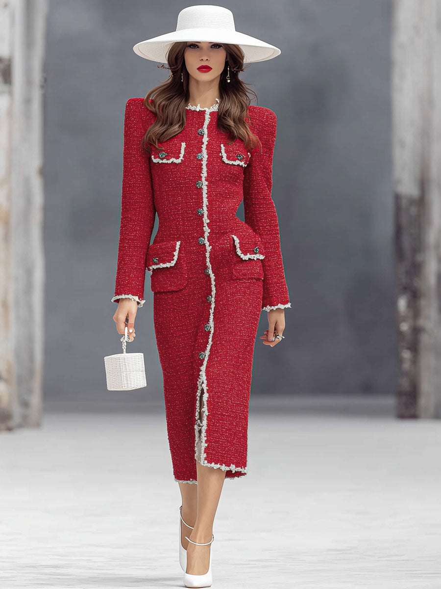 Robe Midi Élégante en Tissu Texturé avec Col Rond et Boutons Chic