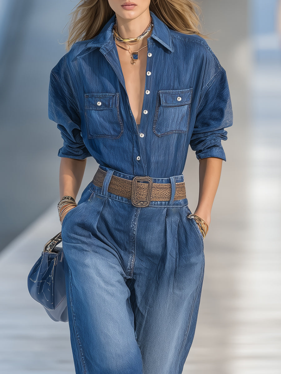 Ensemble Décontracté en Jean Bleu : Chemise et Pantalon à Jambes Larges