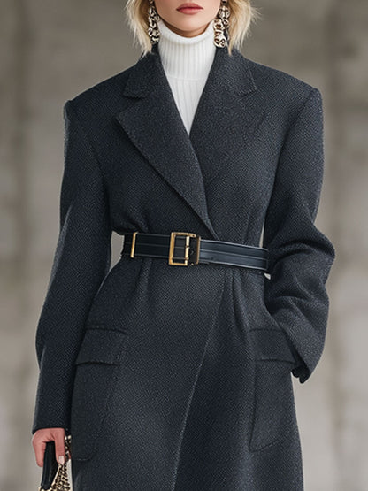 Longue Manteau en Laine Gris Foncé avec Détails Rétro à Lacets