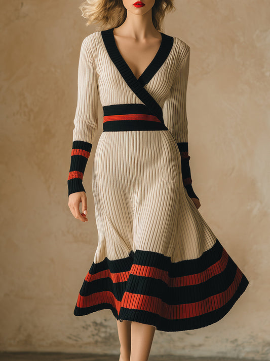 Robe Midi Rétro Beige à Rayures Rouge et Noire