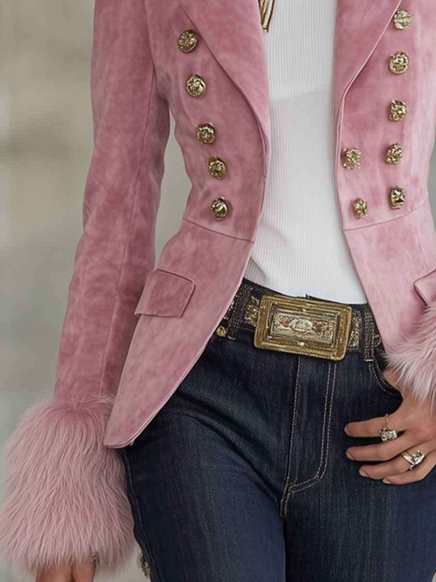 Veste en Faux Suède et Fourrure à Boutons Multiples avec Revers Élégant