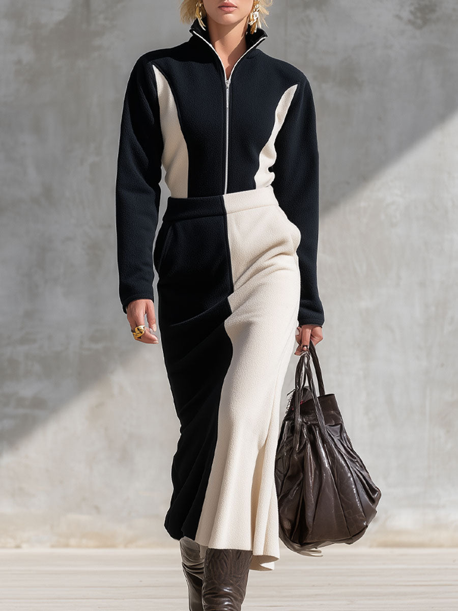Ensemble Chic en Fleece : Haut et Jupe avec Col Contrasté et Zip