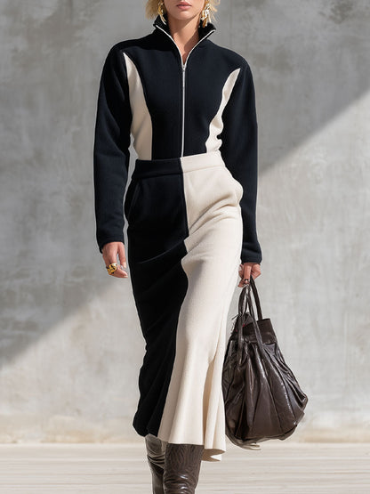 Ensemble Chic en Fleece : Haut et Jupe avec Col Contrasté et Zip