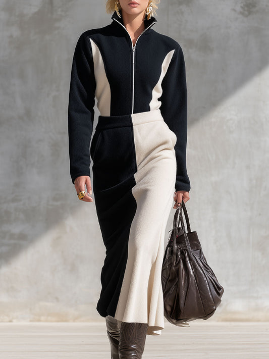 Ensemble Fleece Élégant : Haut à Col Contrasté et Jupe Pratique avec Fermeture Éclair