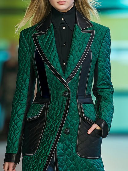 Chic Manteau Matelassé Vert Foncé avec Bord Noir