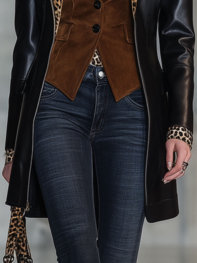 Veste en PU Noir avec Fermeture Éclair et Col en Velours Léopard Rétro