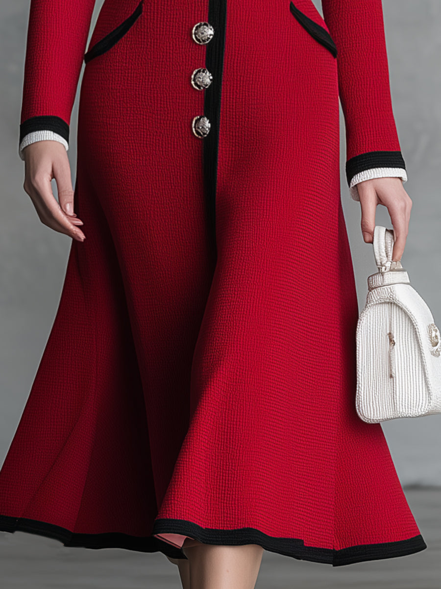 Robe Midi Rouge en Tricot A-ligne : Élégance et Romance avec Col Revers