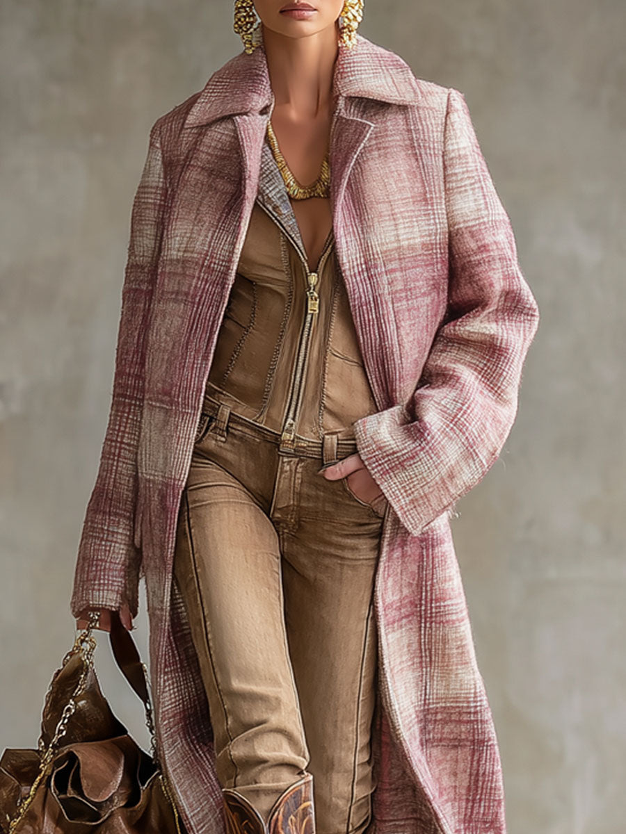 Veste en Laine à Motif Carreaux Roses avec Poches Doubles et Revers Élégants