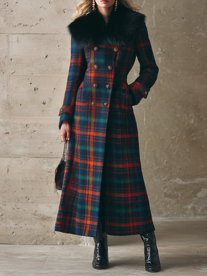 Veste Longue en Laine à Motifs Carreaux avec Col en Fourrure Synthétique – Chic Rétro et Tendance