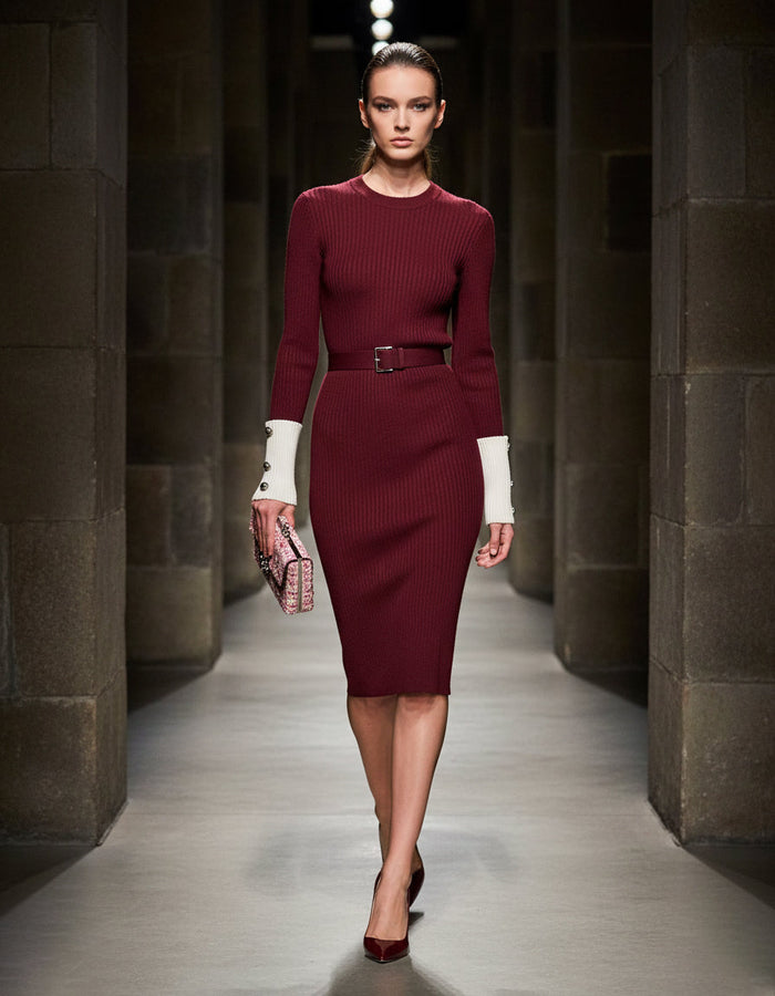 Robe Midi Rouge en Angora avec Détails en Couture Blanche et Col Ronde