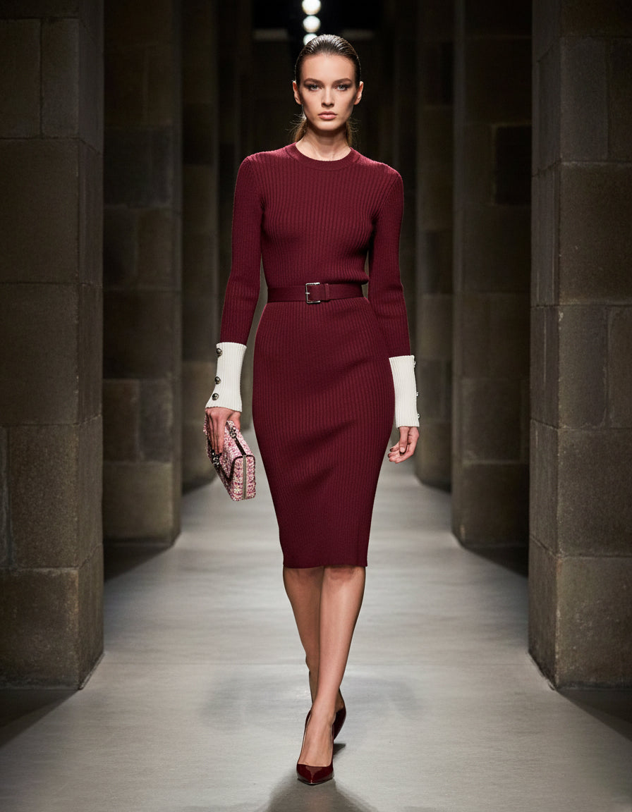 Robe Midi en Angora Rouge Tricotée avec Détails Blancs et Col Rond