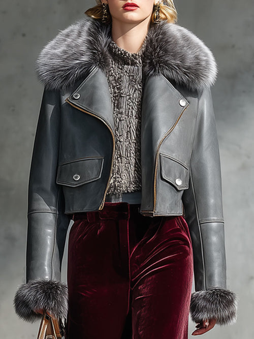 Veste grise en cuir synthétique avec col en fourrure zippé - Style vintage décontracté