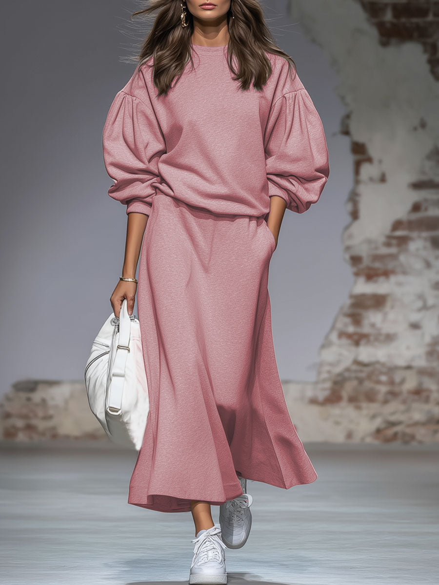 Ensemble Rétro : Sweatshirt Col Rond et Jupe à Manches Bouffantes en Rose